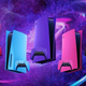 Fives colorful PS5s hover over a purple background.